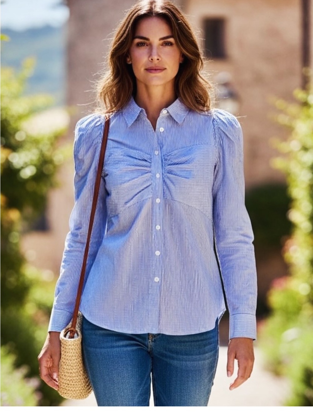 Veronica Beard Blue Striped Twisted Front Button-Down Shirt